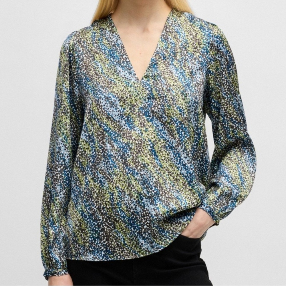Boss Orange Baria V Neck Printed Satin Multi Long Sleeve Top Womens Size S NWT